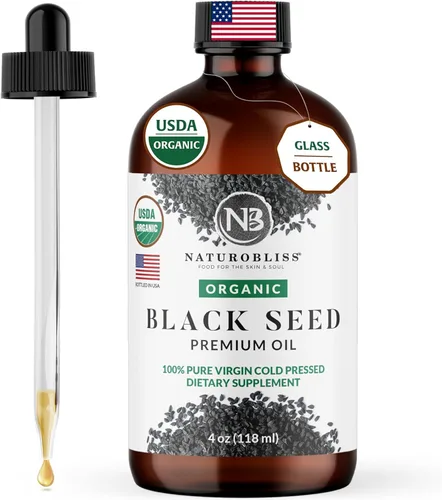 NaturoBliss Aceite orgánico de semillas negras 100% virgen prensado en frío Omega 3 6 9 súper antioxidante para apoyo inmunológico, articulaciones,