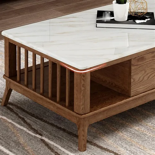 Miniatura 4 de Mesa de té para sala de estar, moderna mesa de centro de madera con cajones y estantes de almacenamiento, decoración rectangular elegante de 2