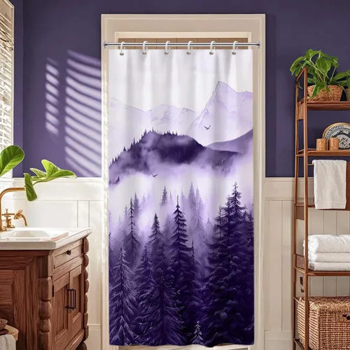 Miniatura 25 de Cortina de ducha pequeña en blanco y negro, juego de cortina de ducha de bosque brumoso para baño, impermeable, decoración de baño de montaña