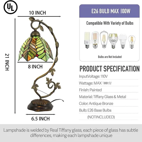 Miniatura 2 de Tiffany Table Lamp, Stained Glass Desk Light, 8X10X21 Inches, Metal Leaf Base (Brown Green Leaf)