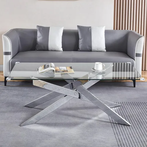 Miniatura 3 de Mesa auxiliar de cristal de 47 pulgadas, mesa central rectangular moderna con parte superior de vidrio templado transparente y patas de metal mesa