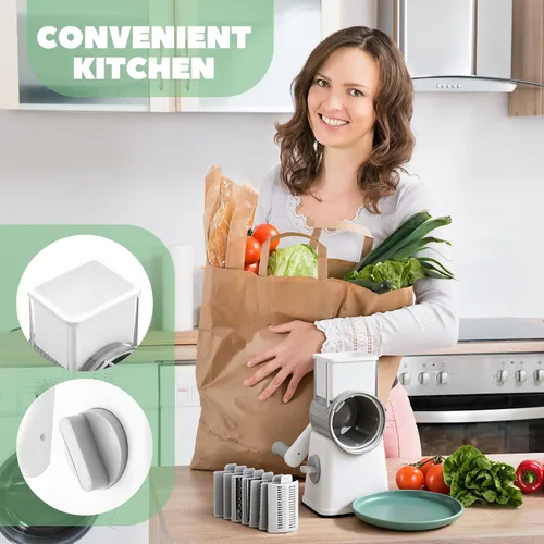 Miniatura 7 de Rallador de queso giratorio multifuncional 6 en 1 con 11 cuchillas, trituradora de verduras, trituradora de dados para alimentos, picadora con base