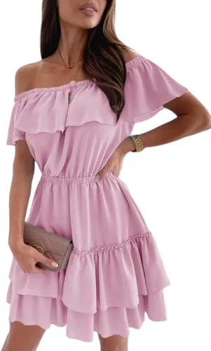 Langwyqu Vestido de hombro descubierto para mujer, color sólido, manga corta, volantes, acampanado, vestido corto