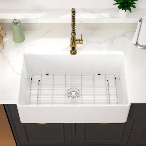 Miniatura 2 de Fregadero de 33 unidades de arcilla refractaria de 33 x 20 x 10 pulgadas, color blanco, fregadero de cocina de porcelana de cerámica, estilo casa