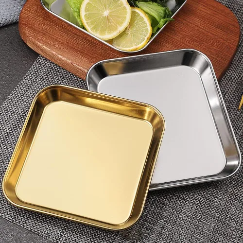 Miniatura 2 de 2 Pack Stainless Steel Dinner Plates, Thickened Metal Dish Plate for Food, Small Square Serving Tray for Appetizer Cookie Steak Dessert Salad Dental