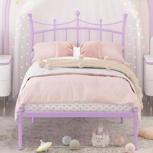 Miniatura 10 de Merronix Marcos de cama individuales para niños, cama de tamaño individual con cabecero en forma de corona, fácil montaje, no necesita somier