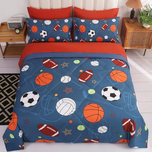 Miniatura 2 de Juego de edredón deportivo de pelota azul, tamaño individual, juego de ropa de cama de béisbol, baloncesto, fútbol, tenis para adolescentes y niños