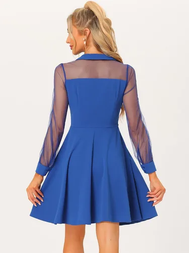 Miniatura 3 de Allegra K Vestido de fiesta de cóctel para mujer, con panel de malla transparente, manga larga, minivestido acampanado