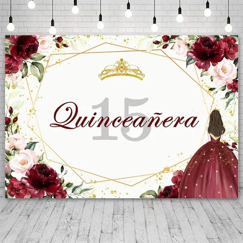 Miniatura 2 de Telón de fondo de feliz cumpleaños número 15 de 7 x 5 pies para niña, quinceañera, fondo de flores rojas burdeos, corona dorada, decoración