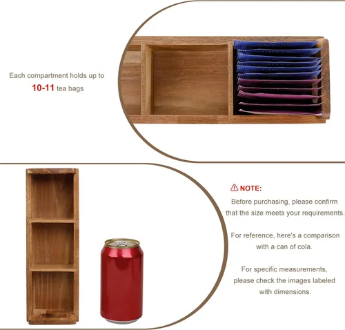 Miniatura 3 de HTB Caja Pequeña de Bolsitas de Té de Madera, 3 Compartimentos, Cofre de Bolsitas de Té de Madera de Acacia con Asa, Mini Contenedor