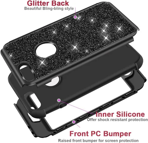 Miniatura 3 de Hython Defender con brillantina, carcasa rígida híbrida, a prueba de golpes, goma para iPhone 7 Plus y 8 Plus, Negro Oscuro