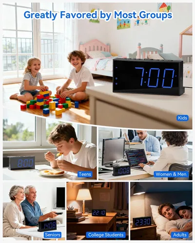 Miniatura 9 de Reloj despertador digital, reloj de alarma dual ruidoso para dormitorio, pantalla grande electrónica de 7.5 pulgadas con atenuador, cargador USB