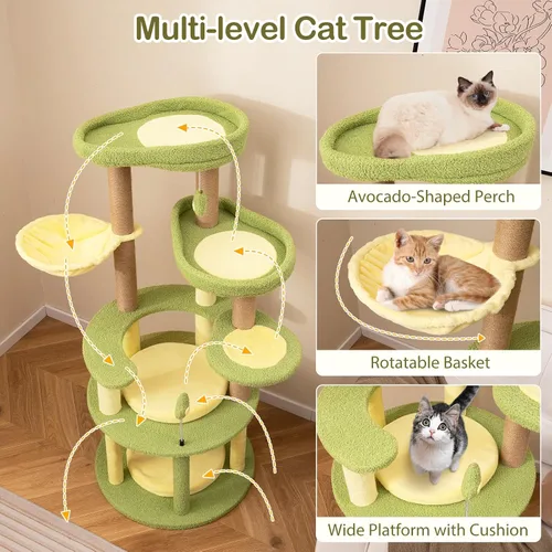 Miniatura 6 de PETSITE Árbol para gatos con temática de aguacate de 51 pulgadas, torre moderna de varios niveles con postes rascadores de yute, juguete colgante