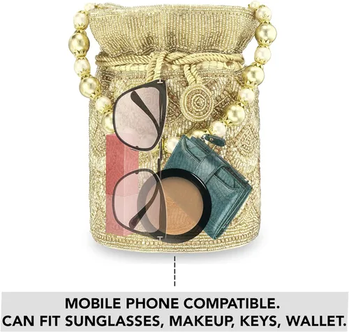 Miniatura 2 de Aheli Gold Potli - Bolsas de noche para mujer, bolso de mano étnico con cordón (P70G), Oro