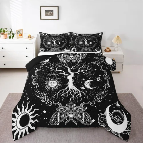 Miniatura 10 de Erosebridal Juego de ropa de cama con diseño de árbol de la vida, juego de edredón de sol y luna, ropa de cama gótica bohemia tamaño individual, 2