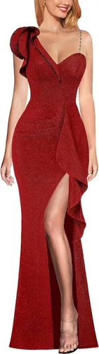 VFSHOW Vestido largo de fiesta formal con volantes y tirantes para el hombro, para mujer, vestido largo sexy con cuello en V dividido para cóctel y