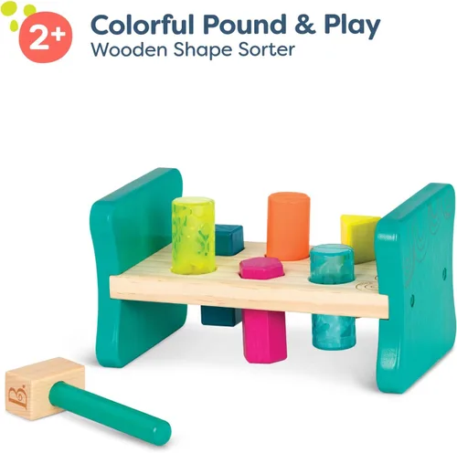 Miniatura 6 de B. toys – Clasificador de formas de madera – Banco de golpeo para clasificación de formas – 6 clavijas y martillo de juguete – Juguetes clásicos