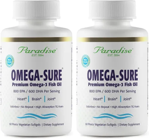 Miniatura 10 de Paradise Herbs Omega-Sure, concentrado de omega-3, aceite de pescado premium, DHA, EPA, vegano, sin OMG, sin gluten, 60 cápsulas blandas vegetarianas