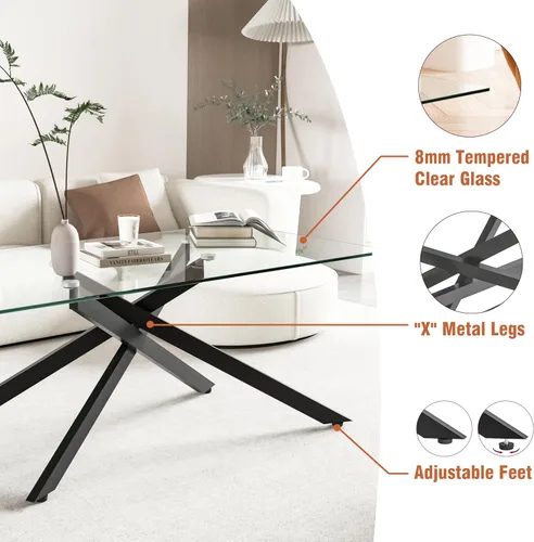 Miniatura 4 de Henf Mesa de centro rectangular moderna de vidrio transparente de 47 pulgadas, mesa de centro rectangular de vidrio templado para sala de estar