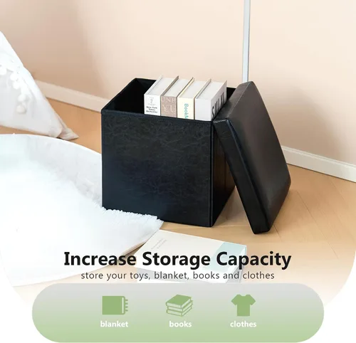 Miniatura 4 de B FSOBEIIALEO Cubo otomano plegable de almacenamiento con piel sintética para sala de estar, dormitorio, oficina en casa, reposapiés de Negro