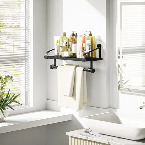 Miniatura 5 de Love-KANKEI Estantería flotante de pared de madera rústica para almacenamiento, estante de especias de cocina con barra para toallas y 8 ganchos
