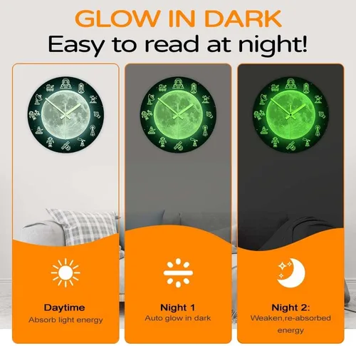 Miniatura 5 de The Geeky Days Reloj de pared que brilla en la oscuridad, diseño de luna de viaje espacial de 12 pulgadas, moderno, luminoso, silencioso y luminoso