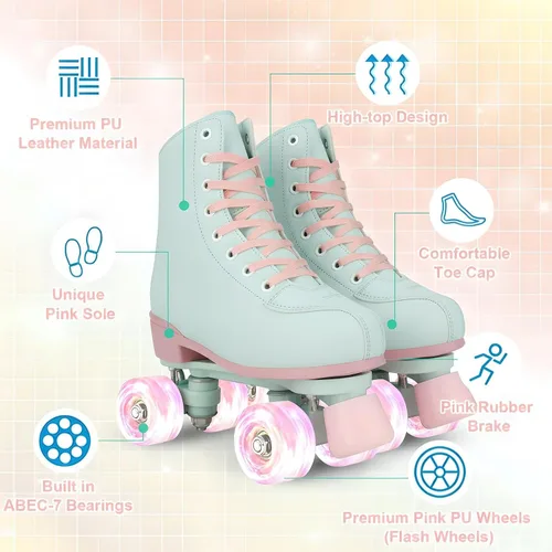 Miniatura 4 de XUDREZ Patines de ruedas para niñas y mujeres, de piel sintética verde claro, para interiores y exteriores, con ruedas de luz rosa para jóvenes