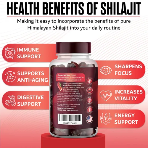 Miniatura 2 de Paquete de 2 gomitas Shilajit del Himalaya, 1000 mg cada una, 60 gomitas veganas sin azúcar por botella, orgánicas, sin OMG, energía, enfoque