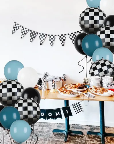 Miniatura 4 de Paquete de Globos de Coche de Carreras Globos a Cuadros Azules y Negros de Látex para Niños Un Feliz Primero, Segundo, Vintage, Dos, Rápidos, Un