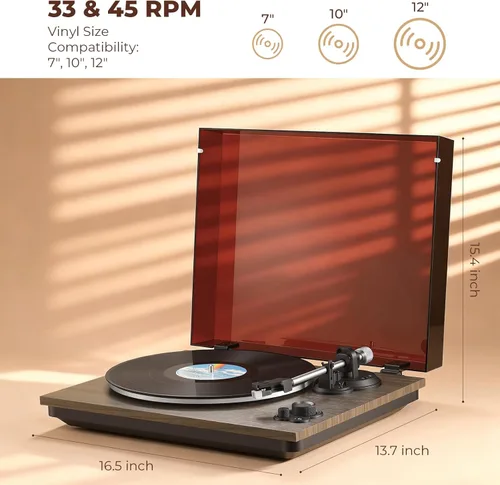 Miniatura 6 de GLENCREAG Reproductor de discos de vinilo con cartucho Audio Technica AT-3600L, tocadiscos Bluetooth con altavoces externos de 60 W para reproductor