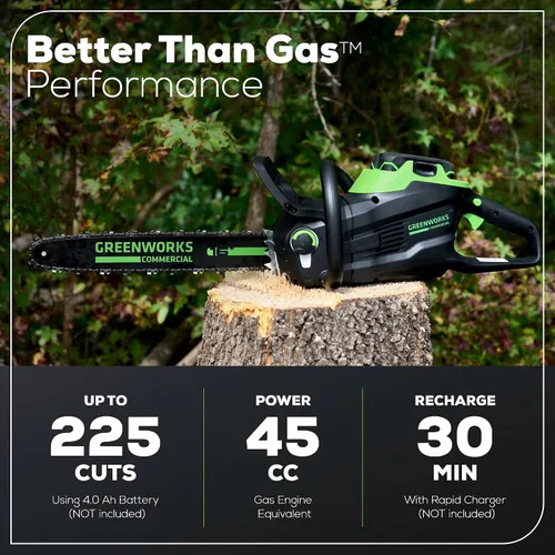 Miniatura 3 de Greenworks - Motosierra sin escobillas de 82 V, 16 pulgadas (2,4 kW) inalámbrica (225 cortes por carga), batería de 4,0 Ah y cargador rápido