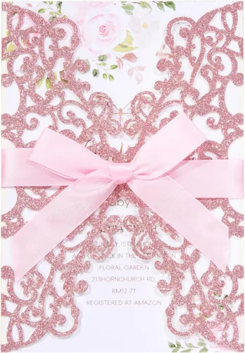 Miniatura 11 de AdasBridal 50 tarjetas de invitación de boda cortadas con láser con estampado floral, con sobre, hoja interior en blanco y cinta para boda, Dorado