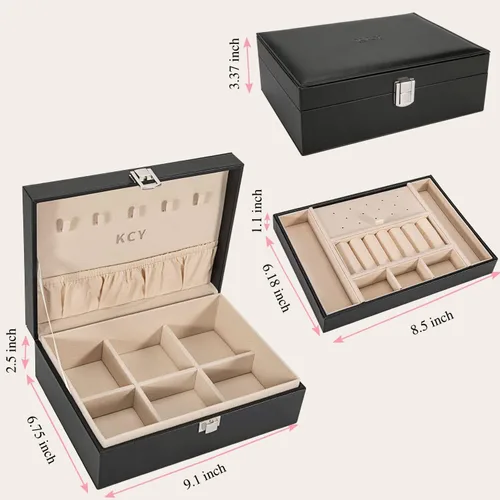 Miniatura 5 de KCY Organizador de joyas para mujeres y niñas, estuche grande de cuero sintético con soporte de exhibición de 2 capas y bandeja extraíble