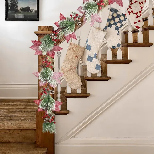 Miniatura 6 de CISDUEO - Guirnalda de Navidad Artificial de Flores de Nochebuena Poinsettia, Guirnalda de Bayas Rojas Artificiales con Piñas para Chimenea, Mantel
