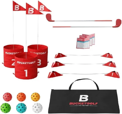 bucketgolf Juego original de viaje de 3 agujeros con palos, juego de golf #1 para patio trasero y adultos y niños de todas las edades. Playa,