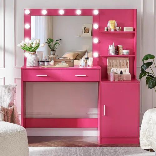 Miniatura 8 de MIRROTOWEL Escritorio de tocador de 47.5 pulgadas con espejo grande, 3 modos de iluminación de color, brillo ajustable, cómoda con 3 cajones y 2