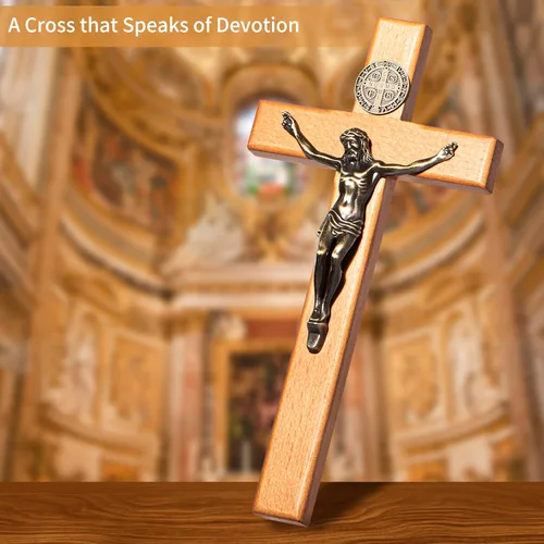 Miniatura 4 de ACHIBANG Crucifijo católico de madera de 10 pulgadas con medalla de Jesús y San Benito, decoración religiosa de madera natural para sala de oración
