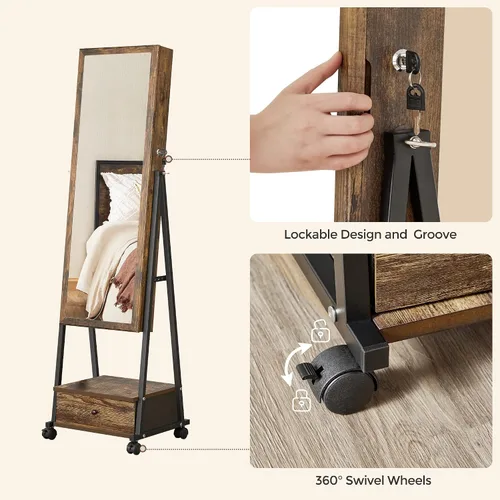 Miniatura 4 de SONGMICS UJJC004X01 - Organizador de joyas con cerradura con espejo de longitud completa, cajón inferior, estante, ruedas, regalos de Navidad