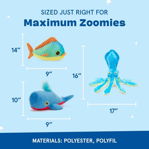 Miniatura 3 de Barkbox Paquete Bajo el Mar – 3 juguetes para perros medianos y grandes – Juguete chirriante para perro, juguete de tirar, juguetes de peluche