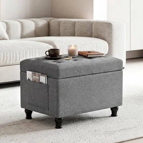 Miniatura 12 de Otomana rectangular de 24 pulgadas, color beige con almacenamiento para sala de estar Upholstered Fabric Shoe Bench and Footrest with Safety Hinge