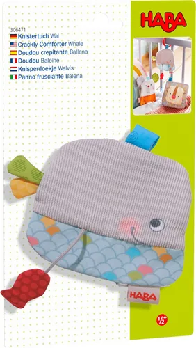 Miniatura 2 de HABA Whale Lovey - Juguete arrugado, paño suave para bebé y chupete para bebé con pez rojo adjunto para juego sensorial