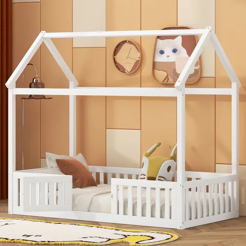 Miniatura 10 de Merax Cama de madera de tamaño individual con valla y puerta, marco de cama de madera con techo para adolescentes, niños o niñas, gris