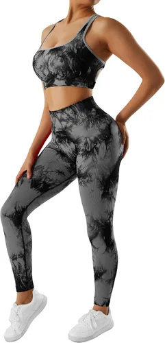 Miniatura 5 de OMKAGI Conjunto de entrenamiento acanalado para mujer, sin costuras, brasier deportivo con tiras y levantamiento de glúteos