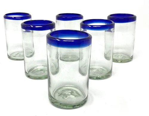 Vasos mexicanos soplados a mano, juego de 6 vasos de jugo con bordes azul cobalto (8 onzas cada uno)