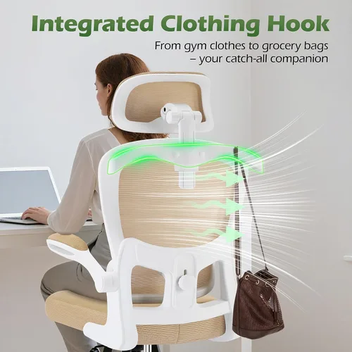 Miniatura 8 de AreShark Silla de Oficina Ergonómica con Soporte Lumbar Ajustable y Gancho para Reposacabezas, Silla de Malla Transpirable de Respaldo Alto con Caqui