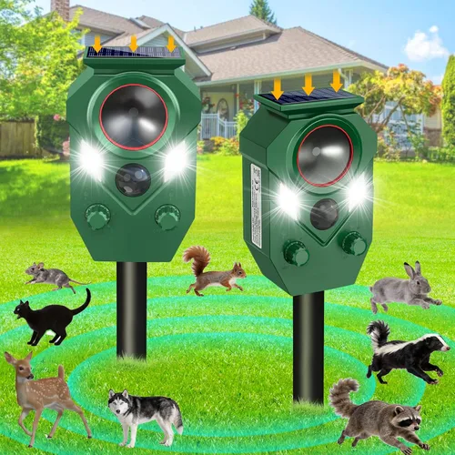Miniatura 10 de Repelente ultrasónico de animales al aire libre, repelente de gatos y disuasorio con sensor PIR y luz intermitente, dispositivo repelente de ciervos