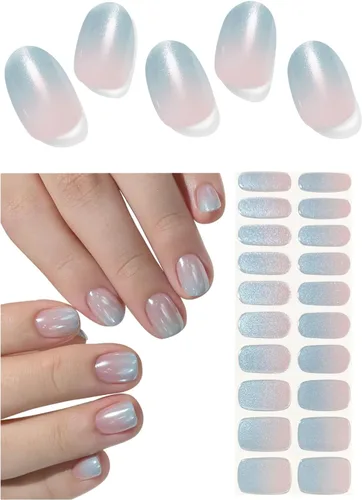 Miniatura 7 de Tiras adhesivas de uñas de gel semicuradas, 20 pegatinas adhesivas UV de color azul cromo, envolturas para manicura casera DIY