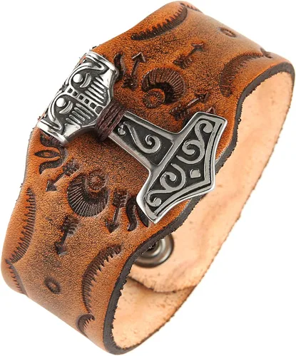 Miniatura 2 de HZMAN Mjölnir - Pulsera de piel auténtica para hombre diseño gótico ajustable estilo gótico