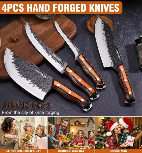 Miniatura 7 de Naitesen 4 piezas de cuchillo de carnicero forjado a mano y cuchillo de cocina 2 en 1, juego de cuchillo de chef serbio resistente para carne