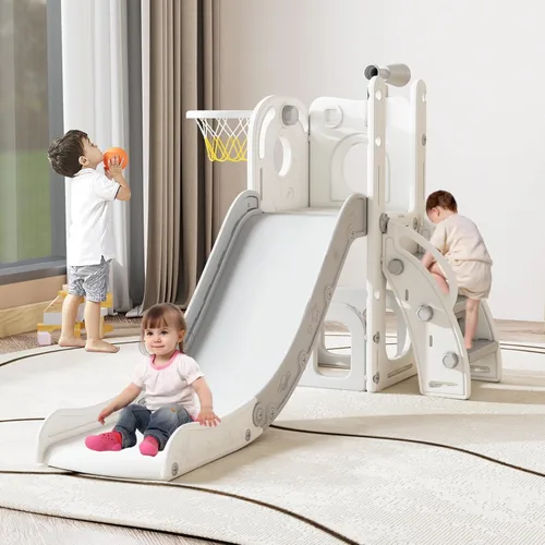 Miniatura 14 de kinbor Juego de toboganes 8 en 1 para niños pequeños, tobogán para niños con aro de baloncesto, juego para niños con escaleras fáciles de subir